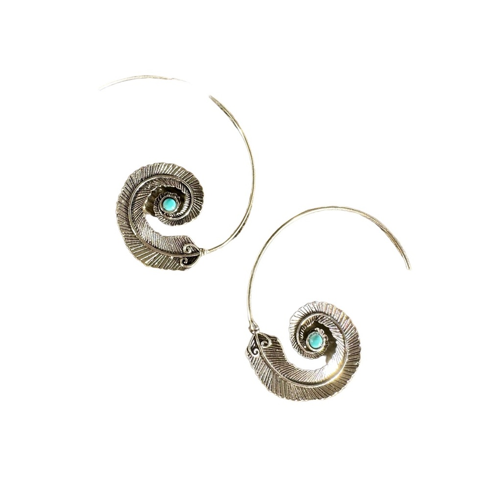 Silver Plated Swirl Feather Drop Earrings with Turquoise Center